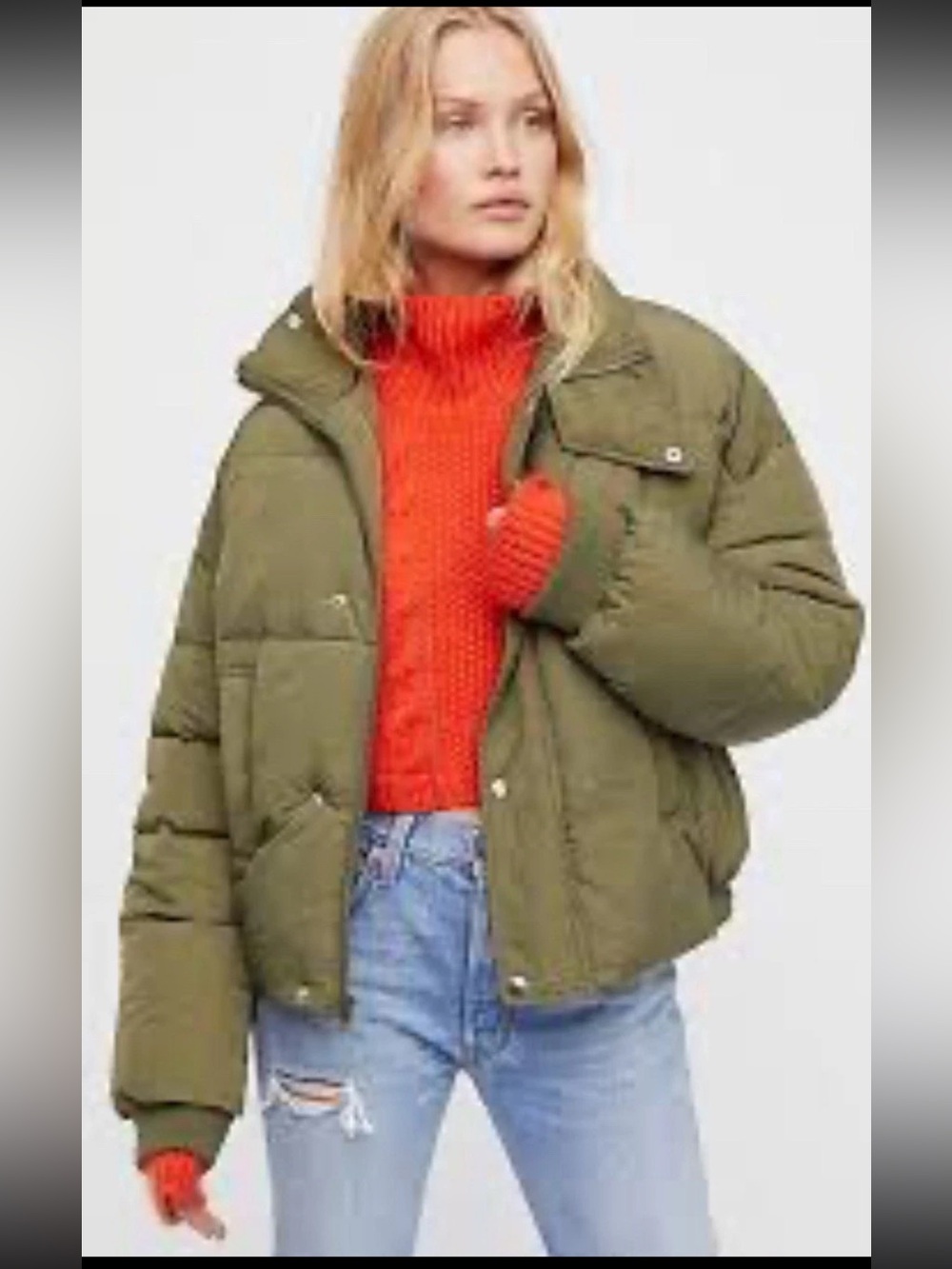 Free People Olive Green Puffer Jacket Funnel Neck Size Medium